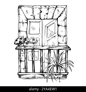 Mexikanischer mediterraner marokkanischer Fensterrahmen Balkon, Hauspflanzen, architektonische Fassade außen. Handgezeichnete Vektorgrafik. Einzelnes Element Stock Vektor