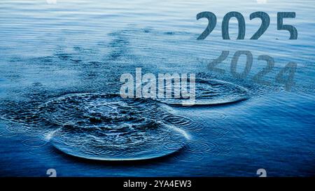 Ein frohes neues Jahr 2025 steht bevor. Übergang vom 2024 zum Neujahrskonzept mit 2025 Text auf See. Stockfoto