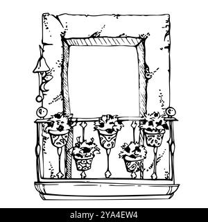 Mexikanischer mediterraner marokkanischer Fensterrahmen, Eisenguss-Schiene, architektonische Außenfassade der Hauspflanzen. Handgezeichnete Vektorgrafik. Einzelnes Element Stock Vektor