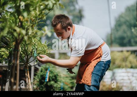 Junger Gärtner mit Down-Syndrom, der sich um Pflanzen im Garten kümmert Stockfoto