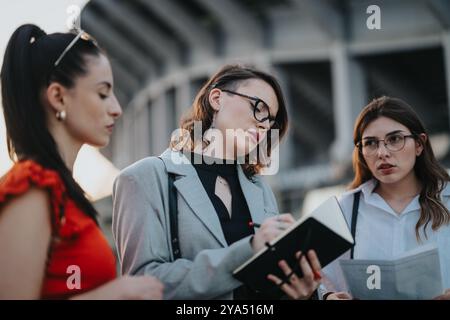 Gruppe von Geschäftsfrauen, die ein Treffen und eine Diskussion im Freien halten Stockfoto