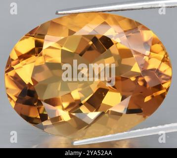 Strahlender Edelstein mit goldenen Zitrusfrüchten mit komplizierten Facetten und leuchtender Klarheit. Stockfoto