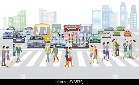 Straßenverkehr mit vielen Autos und Menschen auf der Zebraüberquerung, Illustration Stockfoto