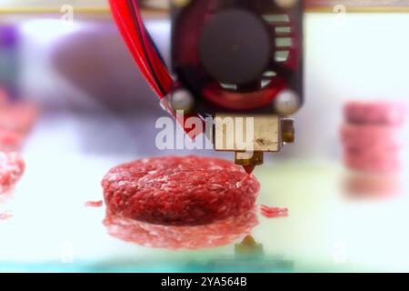 Konzept 3D-Rendering von Lebensmitteln, synthetisches Fleisch mit 3D-Drucker. Hamburger. Neue Technologien für die Fleischerzeugung. Kein reales Bild Stockfoto