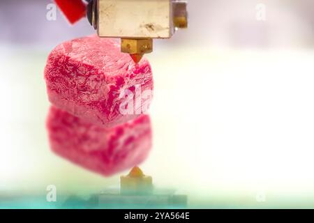 Konzept 3D-Rendering von Lebensmitteln, synthetisches Fleisch mit 3D-Drucker. Hamburger. Neue Technologien für die Fleischerzeugung. Kein reales Bild Stockfoto