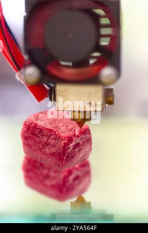 Konzept 3D-Rendering von Lebensmitteln, synthetisches Fleisch mit 3D-Drucker. Hamburger. Neue Technologien für die Fleischerzeugung. Kein reales Bild Stockfoto