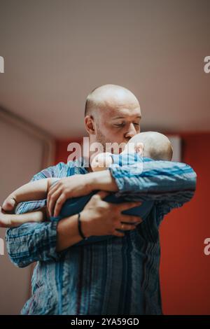 Vater hält und küsst sein schlafendes Baby zu Hause zärtlich Stockfoto