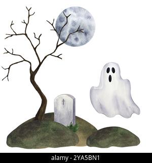 Halloween Bühne Clipart. Geist, Friedhof, Grab, trockener Baum auf einem Hügel bei Vollmond. Horrorkonzept des gruseligen Friedhofs mit Grabstein. Handgezeichnet Stockfoto