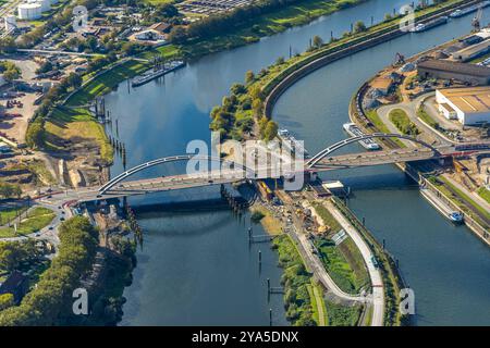 Luftbild, Karl-Lehr-Brücke im Duisburger Hafen, Baustelle, Neuenkamp, Duisburg, Ruhrgebiet, Nordrhein-Westfalen, Deutschland ACHTUNGxMINDESTHONORARx60xEURO *** Luftaufnahme, Karl-Lehr-Brücke im Duisburger Hafen, Baustelle, Neuenkamp, Duisburg, Ruhrgebiet, Nordrhein-Westfalen, Deutschland ATTENTIONxMINDESTHONORARx60xEURO Stockfoto