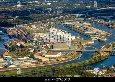 Luftbild, Duisburger Hafen und Karl-Lehr-Brücke, Ölinsel und Kohleninsel, Ruhrort, Duisburg, Ruhrgebiet, Nordrhein-Westfalen, Deutschland ACHTUNGxMINDESTHONORARx60xEURO *** Luftansicht, Duisburger Hafen und Karl-Lehr-Brücke, Öl- und Kohleinsel, Ruhrort, Duisburg, Ruhrgebiet, Nordrhein-Westfalen, Deutschland ATTENTIONxMINDESTHONORARx60xEURO Stockfoto