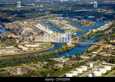 Luftbild, Duisburger Hafen und Karl-Lehr-Brücke, Ölinsel, Kohleninsel und Schrottinsel, Ruhrort, Duisburg, Ruhrgebiet, Nordrhein-Westfalen, Deutschland ACHTUNGxMINDESTHONORARx60xEURO *** Luftansicht, Duisburger Hafen und Karl-Lehr-Brücke, Ölinsel, Kohle- und Schrottinsel, Ruhrort, Duisburg, Ruhrgebiet, Nordrhein-Westfalen, Deutschland ATTENTIONxMINDESTHONORARx60xEURO Stockfoto