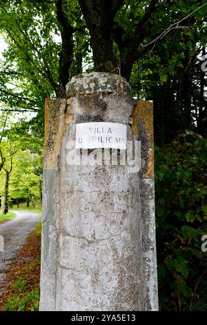 Toskana, Italien. September 2024. Der Eingang zu einer alten toskanischen Villa, flankiert von Zypressen. Hochwertige Fotos Stockfoto