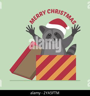 Glücklicher Waschbär mit Weihnachtsmann-Hut, der aus einer Kiste kommt und frohe Weihnachten wünscht, isoliert Stock Vektor