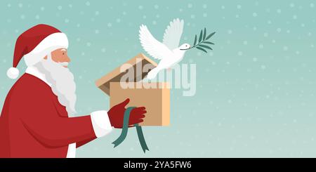 Weihnachtsmann und Taube mit einem Olivenzweig aus einer Geschenkbox: Weihnachts- und Friedenskonzept Stock Vektor