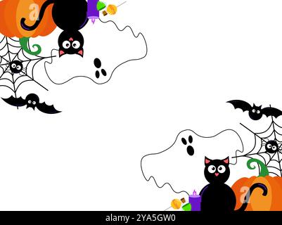 Vektor-Illustration halloween-Rahmen quadratischer rechteckiger Rand Hintergrund mit Geist, schwarze Katze, Lutscher, Kürbis, Fledermaus, Spinne, Netz und Trank Stock Vektor