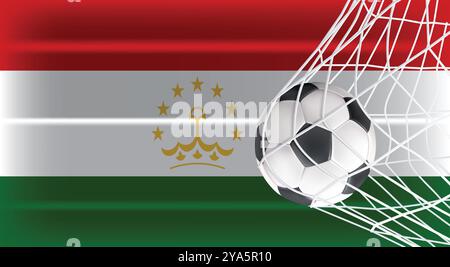 Fußball oder Fußball in Goal Net isoliert auf Tadschikistan Schattierte Flagge, Sportzubehör Ausrüstung zum Spielen, Meisterschaft Stock Vektor