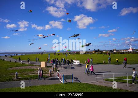 Norddeich, Ostfriesland, Deutschland. Drachenwiese in Norddeich an einem sonnigen Herbstnachmittag mit fliegenden Drachen. Oktober 2024 Stockfoto