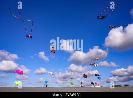 Norddeich, Ostfriesland, Deutschland. Drachenwiese in Norddeich an einem sonnigen Herbstnachmittag mit fliegenden Drachen. Oktober 2024 Stockfoto