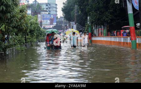 22. August 2024, Feni, Chittagong, Bangladesch: Feni Sadar Upazila wird von starken Regenfällen und flussaufwärts überschwemmt. Alle Straßen der Stadt sind überflutet und Stockfoto