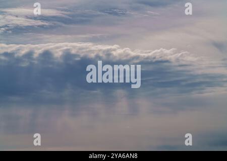 Ein heiterer Himmel ist voller flauschiger Wolken und silbriger Vögel, die anmutig über ihnen fliegen Stockfoto