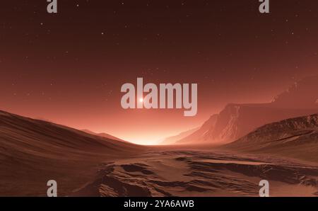 Sonnenuntergang auf dem Mars. Marsberge, Blick vom Tal Stockfoto