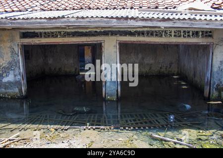 Subang, West-Java, Indonesien. Oktober 2024. Ein Blick auf das Haus im Dorf Mayangan wurde beschädigt, wo Teile des Gebiets aufgrund von Wellenabrieb und steigenden Meeresspiegeln in Mayangan Village, Subang, West Java, untergetaucht sind. Die Abschürfung an der Nordküste in West-Java ist besonders im Mayangan Village in Subang Regency, einem der am stärksten von Abschürfungen betroffenen Dörfer, stark ausgeprägt. Wird das Dorf nicht sofort verhindert, verschwindet es erodiert vom Meerwasser. Das Gebiet des Dorfes war früher etwa 300 Hektar Land mit 1000 Menschen hier, aber etwa 70 % der Reisfelder, Teiche und Stockfoto