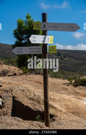 Wanderwegsschilder mit Standortinformationen auf der Kanarischen Insel Teneriffa Stockfoto