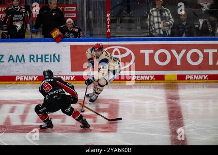 Phil Hungerecker Schwenninger Wild Wings, SWW Maximilian Kammerrer Koelner Haie, KEC im Kampf um den Puck waehrend des Spiels der Penny-DEL zwischen Kölner Haien und Schwenninger Wild Wings in der Lanxess-Arena am 11. Oktober 2024 in Köln, Deutschland. Foto von Wolfgang Denkinger/DeFodi Images Phil Hungerecker Schwenninger Wild Wings, SWW Maximilian Kammerrer Koelner Haie, KEC-Kampf um den Hockeypuck beim Penny-DEL-Spiel zwischen Kölner Haien und Schwenninger Wild Wings am 11. Oktober 2024 in Düsseldorf. Foto von Wolfgang Denkinger/DeFodi Images Defodi-747 74 Stockfoto