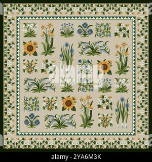 Quadratisches Ornament mit rustikalen gelben und blauen einfachen Blumen. Vektor. Stock Vektor