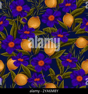Nahtloses Muster mit Zitronen und Blumen. Vektor. Stock Vektor