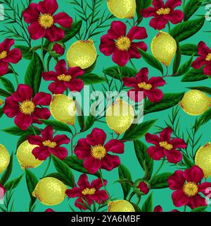 Nahtloses Muster mit Zitronen und Blumen. Vektor. Stock Vektor