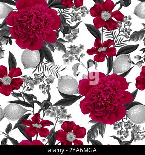 Nahtloses Muster mit Pfingstrosen, Zitronen und anderen Blumen. Vektor. Stock Vektor