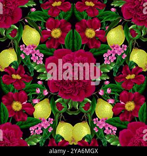 Nahtloses Muster mit Pfingstrosen, Zitronen und anderen Blumen. Vektor. Stock Vektor