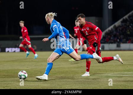 REYKJAVIK, ISLAND - 11. OKTOBER 2024: Kolbeinn Finnsson aus Island und Brennan Johnson aus Wales beim Spiel der UEFA Nations League 2025 zwischen Island Stockfoto