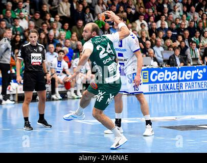 Goeppingen, Deutschland. Oktober 2024. Marcel Schiller (frisch auf Goeppingen, #24) frisch auf Goeppingen vs. VFL Gummersbach, Handball, 1. Bundesliga, 6. Spieltag, 2024/2025, 12.10.24, Eibner-Pressefoto/Andreas Ulmer Credit: dpa/Alamy Live News Stockfoto