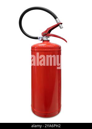 Roter Feuerlöscher, isoliert auf weiß, mit Beschneidungspfad im Lieferumfang enthalten Stockfoto