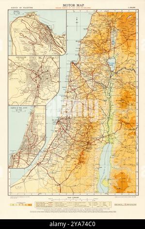 Motorkennfeld. Übersicht über Palästina (Straßen nördlich der Linie 120 bis August 1941) - Inset 3 Karten - Haifa, Jerusalem, Jaffa und Tel Aviv. Skala 1-500.000 Stockfoto