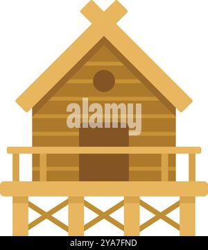 Einfache Illustration einer Holzhütte, die auf Stelzen über dem Wasser gebaut wurde, mit einer Terrasse, überkreuzten Balken auf dem Dach und einem runden Fenster in flachem Design Stock Vektor