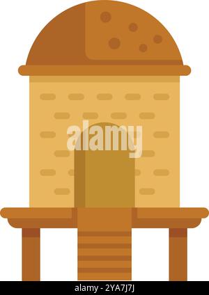 Einfache Lehmhütte im afrikanischen Stil mit Strohdach, Holzveranda und Treppen, die zu einem bogenförmigen Eingang führen Stock Vektor