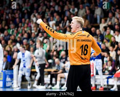 Goeppingen, Deutschland. Oktober 2024. Torwart Bertram Obling (VFL Gummersbach, #16), Ballt die Faust, frisch auf Goeppingen vs. VFL Gummersbach, Handball, 1. Bundesliga, 6. Spieltag, 2024/2025, 12.10.24, Eibner-Pressefoto/Andreas Ulmer Credit: dpa/Alamy Live News Stockfoto