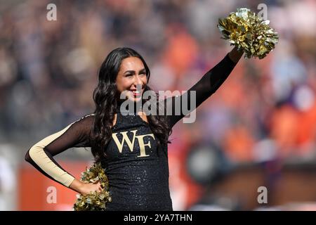 Winston-Salem, North Carolina, USA. Oktober 2024. Ein Cheerleader der Wake Forest Demon Deacons jubelt während des NCAA-Fußballspiels Wake Forest Demon Deacons vs Clemson Tigers im AlLegacy Stadium in Winston-Salem, NC am 12. Oktober 2024. (Kreditbild: © Cory Knowlton/ZUMA Press Wire) NUR REDAKTIONELLE VERWENDUNG! Nicht für kommerzielle ZWECKE! Stockfoto