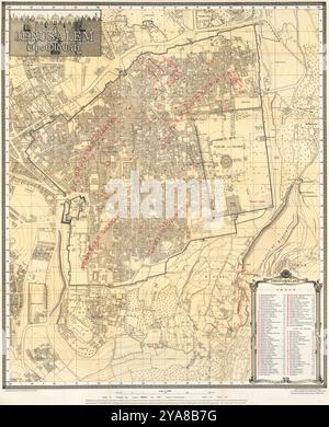 Karte nach Survey of Palestine, Jerusalem. Die Altstadt – erstellt, gezeichnet und gedruckt unter der Leitung von F.J.Salmon, Commissioner for Lands & Surveys, Palästina. 1936; überarbeitet aus den Angaben des Departement Antiquities 1945, Skala 1-2500 Stockfoto