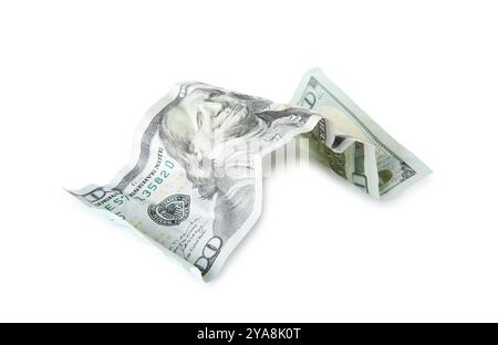 Eine zerknitterte Dollar-Banknote isoliert auf weiß Stockfoto