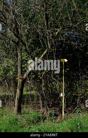 Gelber Straßenmarkierer nach dem ländlichen Dorf, der die Lage in Richtung unterirdischer Gasrohrleitung zala (ungarn) anzeigt Stockfoto