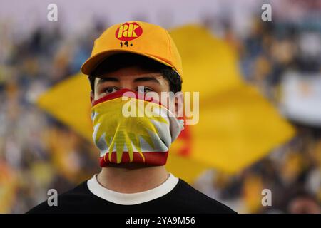 Duhok, Irak. Oktober 2024. Ein Unterstützer der Kurdischen Demokratischen Partei (KDP/PDK) sieht bei einer Parteikundgebung vor den Wahlen zum Kurdischen Regionalparlament im Duhok International Stadium zu. Bei den für den 20. Oktober geplanten Wahlen treten 1.191 Kandidaten um 100 Sitze im Regionalparlament Kurdistan an. Quelle: SOPA Images Limited/Alamy Live News Stockfoto