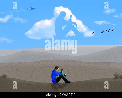 Die Speicherung digitaler Informationen in der Cloud ist das Thema dieser 3D-Illustration, in der ein Bild eines Mannes auf seinem Handy in das Bild einer Wolke wiedergegeben wird Stockfoto