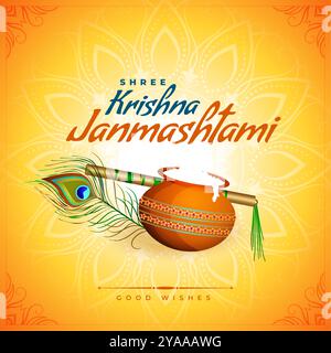 Fröhliche krishna janmashtami Festival Gruß mit Matki und Flötenvektor Stock Vektor