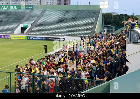 Brasilia, Brasilien. Oktober 2024. Brasilien-Fans schauen sich am 12. Oktober 2024 im Bezerrao Stadiun in Gama an. Das Team bereitet sich auf Peru in der 10. Runde der südamerikanischen Qualifikation zur FIFA Fussball-Weltmeisterschaft 2026 vor. Quelle: DiaEsportivo/Alamy Live News Stockfoto