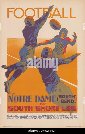 American Football in Notre-Dame (South Bend, Indiana). Poster von der South Shore Line Railway zwischen South Bend (Indiana) und Chicago (Illinois), die entlang der Eisenbahnstrecke hervorhebt. 1920er Jahre Stockfoto