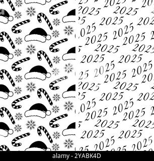 2025 Neujahrsdatum und Bonbonbons, Weihnachtsmützen, Schneeflocken Schwarz und weiß schlichte nahtlose Muster. Set aus 2 thematischen Karten, Poster, Faltblättern, Etiketten oder Web-Promo-Hintergrund Stock Vektor